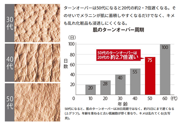 年代別のターンオーバーにかかる日数の違いを現したグラフです